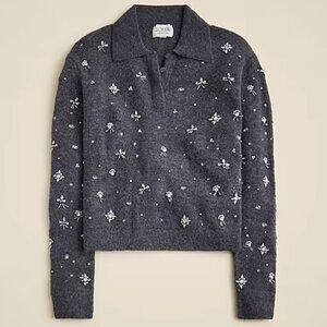NWT J.crew Embellished sweater-polo in wool blend Sz M Charcoal Gray